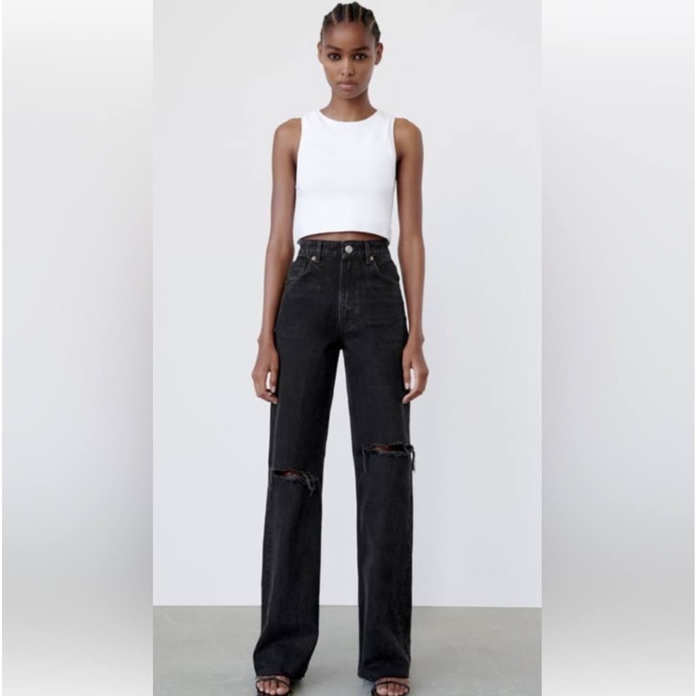 Zara z1975 Wide Leg Full Length Black Ripped Jeans